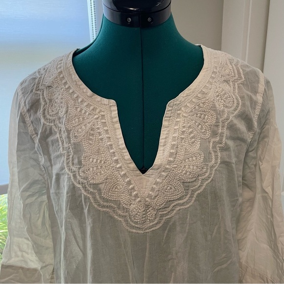 Lands’ End White 100% Cotton 3/4 Sleeves Short Swim Cover Up Medium - Picture 2 of 5